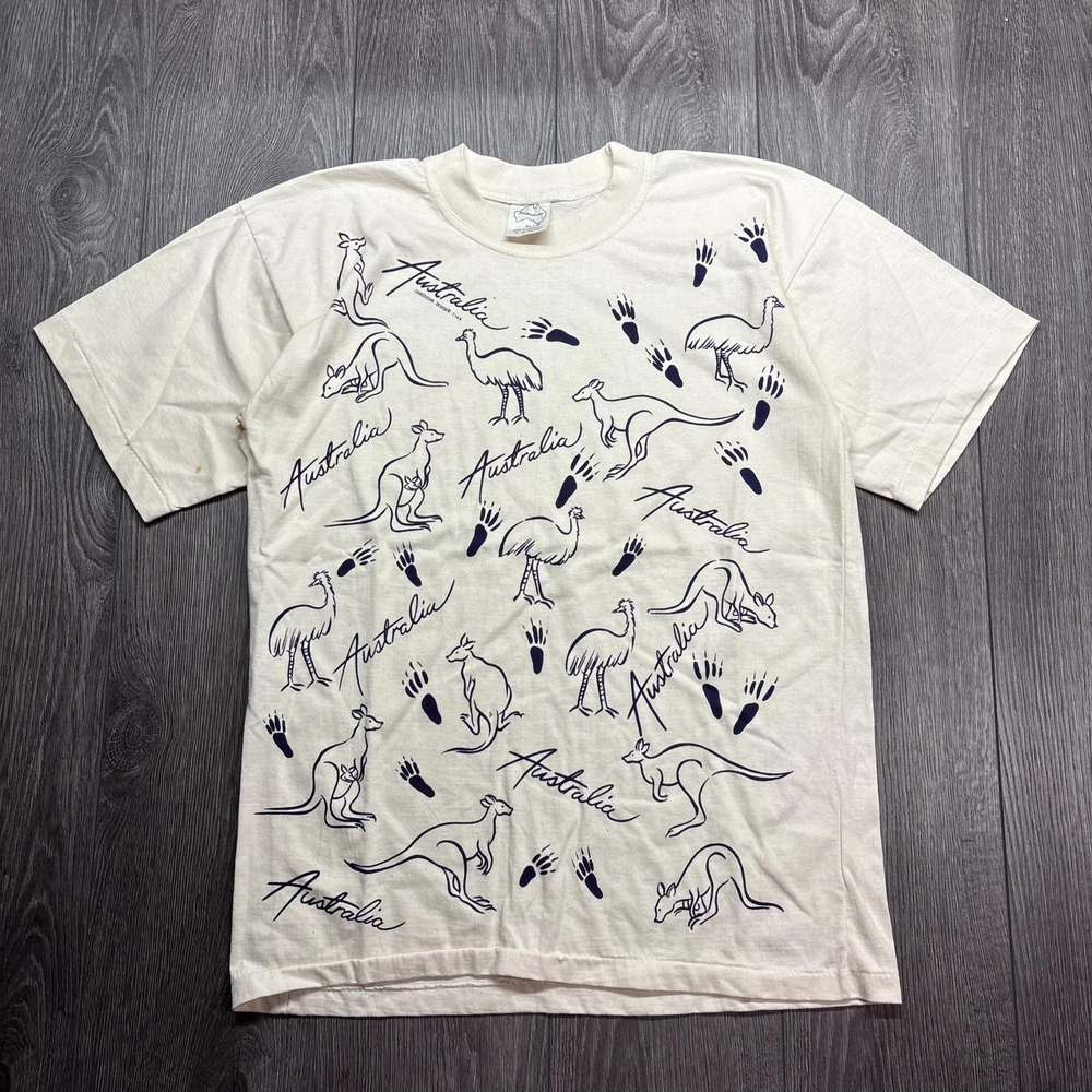 Vintage Australia All Over Print 1990s T Shirt White XL Single Stitch Nature